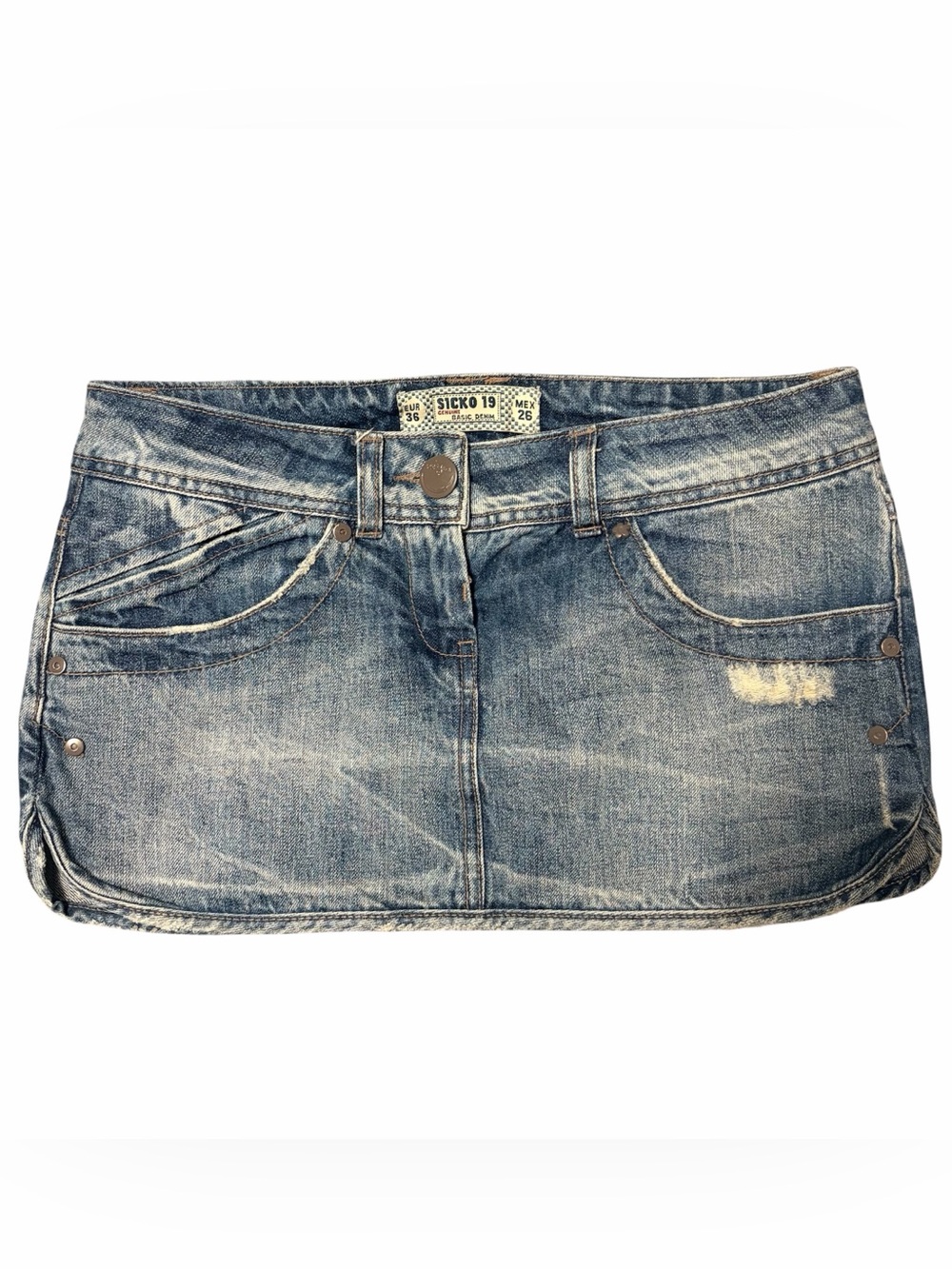 Sicko 19 Basic Denim Low Rise, Mini Skirt, Small Mex 26 Eur 36, Medium Wash